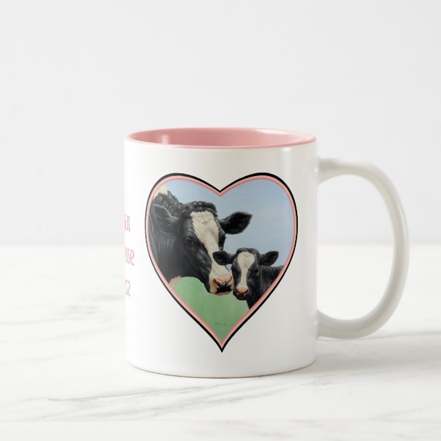 Holstein Cow & Calf Pink Heart Vegan Two-Tone Coffee Mug (Right)
