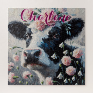 Holstein Cow Carnations Farmhouse Personalised Jigsaw Puzzle