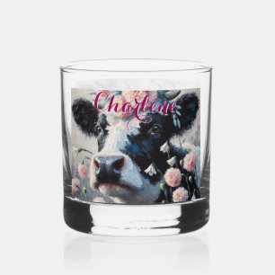 Holstein Cow Carnations Farmhouse Personalised Whiskey Glass