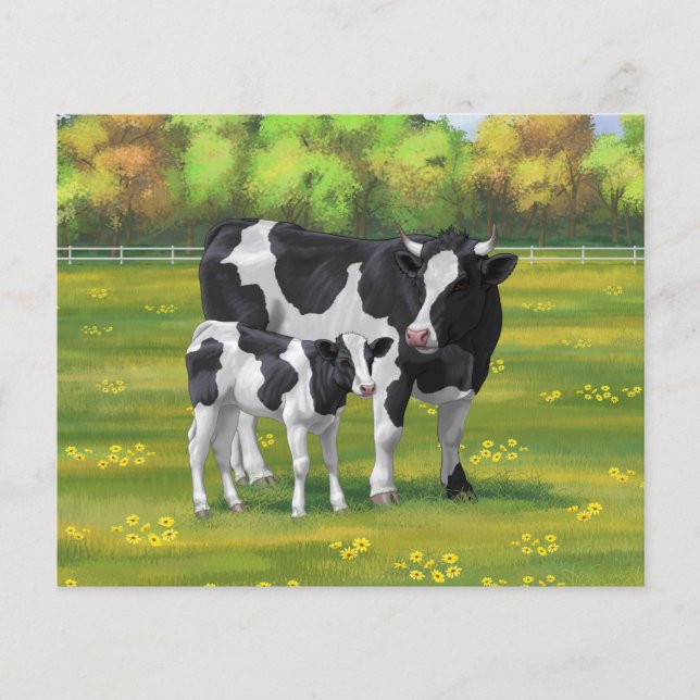 Holstein Cow & Cute Calf in Summer Pasture (Front)