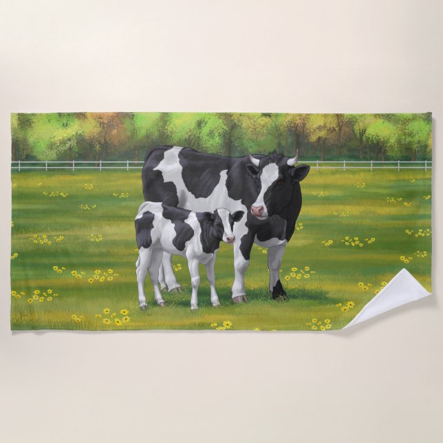 Holstein Cow & Cute Calf in Summer Pasture Beach Towel (Front)