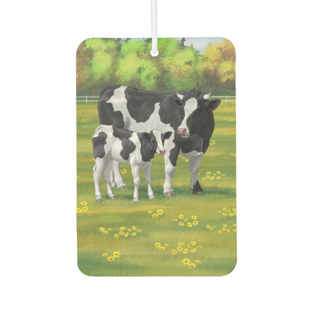 Holstein Cow & Cute Calf in Summer Pasture Car Air Freshener (Front)
