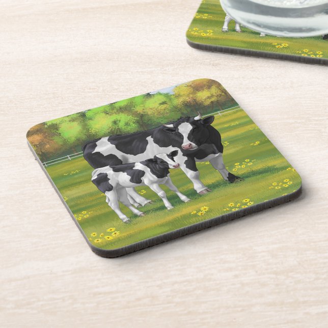 Holstein Cow & Cute Calf in Summer Pasture Coaster (Left Side)