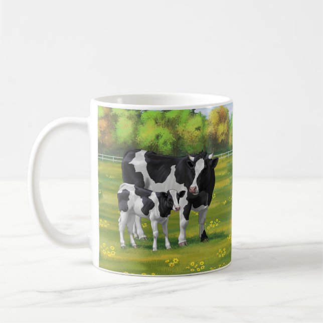Holstein Cow & Cute Calf in Summer Pasture Coffee Mug (Left)