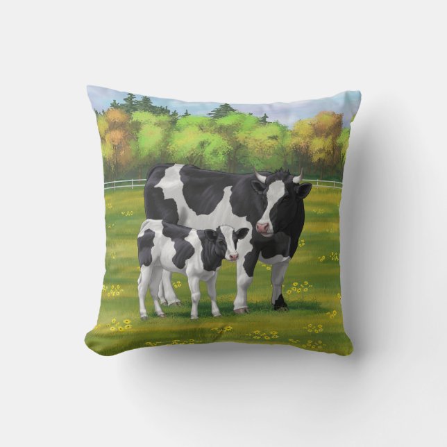 Holstein Cow & Cute Calf in Summer Pasture Cushion (Front)