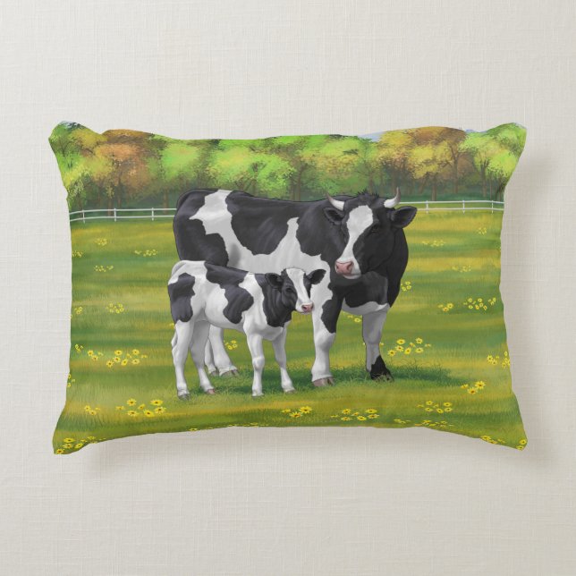 Holstein Cow & Cute Calf in Summer Pasture Decorative Cushion (Front)