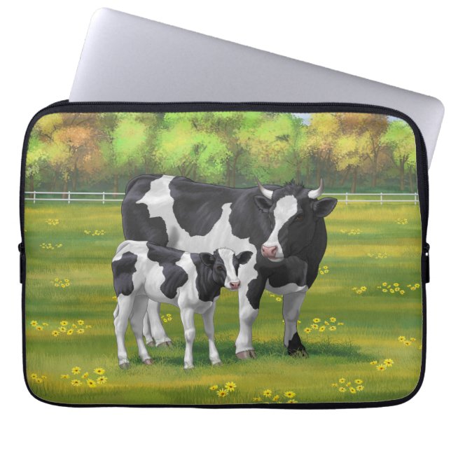 Holstein Cow & Cute Calf in Summer Pasture Laptop Sleeve (Front)