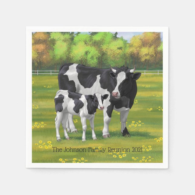 Holstein Cow & Cute Calf in Summer Pasture Napkin (Front)