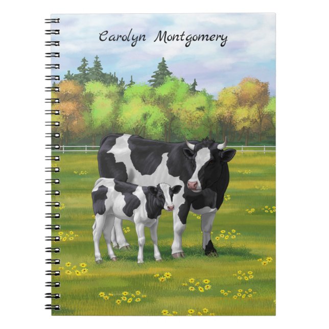 Holstein Cow & Cute Calf in Summer Pasture Notebook (Front)