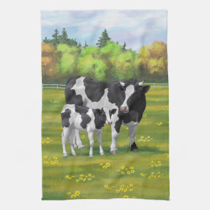 Holstein Cow & Cute Calf in Summer Pasture Tea Towel