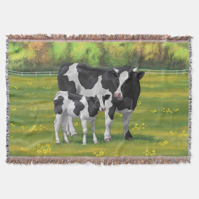 Holstein Cow & Cute Calf in Summer Pasture Throw Blanket (Front)
