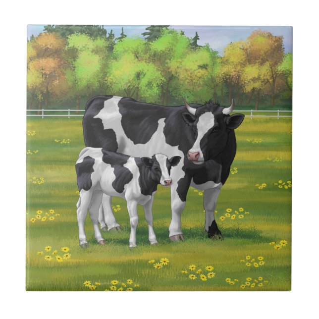 Holstein Cow & Cute Calf in Summer Pasture Tile (Front)