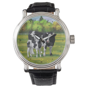 Holstein Cow & Cute Calf in Summer Pasture Watch