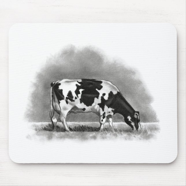 Holstein Cow Grazing: Realism Pencil Drawing Mouse Pad (Front)