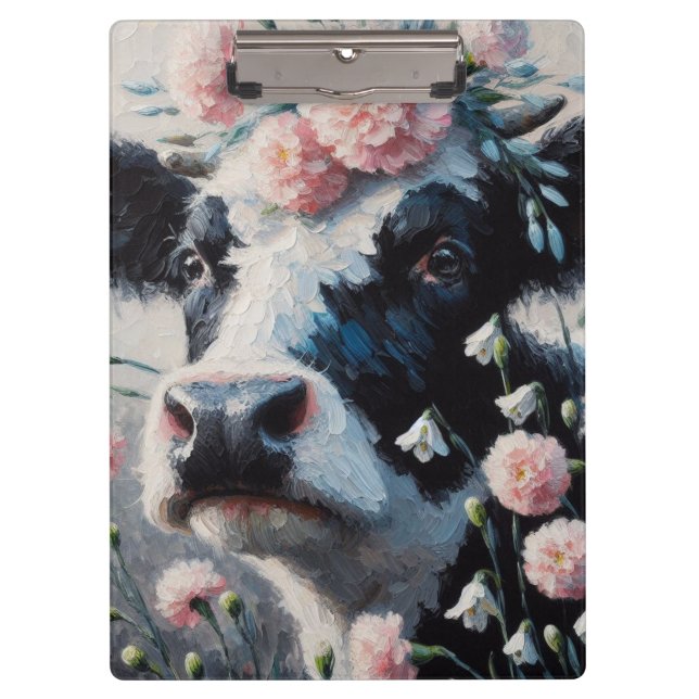 Holstein Cow in Flowers Farm Farmhouse Painting Clipboard (Front)