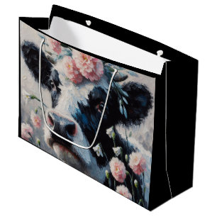 Holstein Cow in Flowers Farm Farmhouse Painting Large Gift Bag