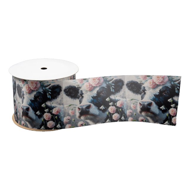 Holstein Cow in Flowers Farm Farmhouse Painting Satin Ribbon (Spool)