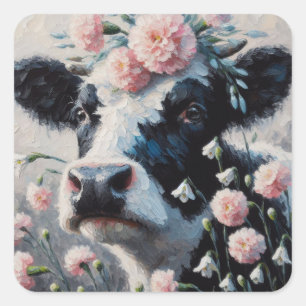 Holstein Cow in Flowers Farm Farmhouse Painting Square Sticker