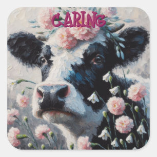 Holstein Cow in Pink Carnation Flowers Farm Cows Square Sticker