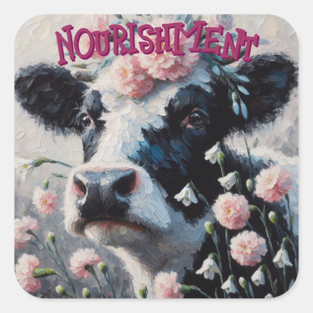 Holstein Cow in Pink Carnation Flowers Farm Cows Square Sticker (Front)