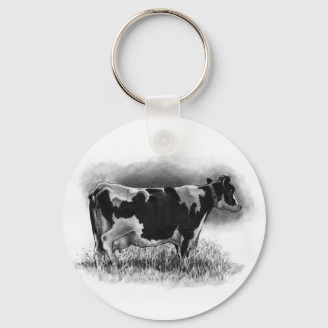 Holstein Cow: Original Pencil Drawing: Dairy Key Ring (Front)