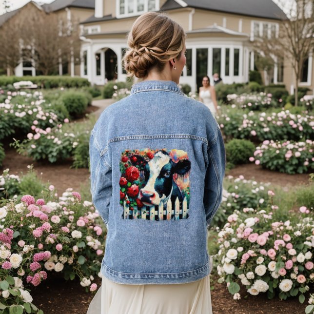Holstein Cow Picket Fence Red Roses Black Red Denim Jacket (Wedding Back)