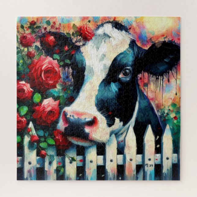 Holstein Cow Picket Fence Red Roses Black Red Jigsaw Puzzle (Vertical)