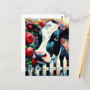 Holstein Cow Picket Fence Red Roses Black Red Postcard