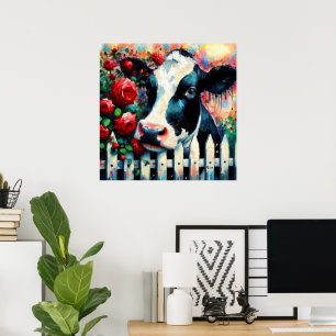 Holstein Cow Picket Fence Red Roses Black Red Poster