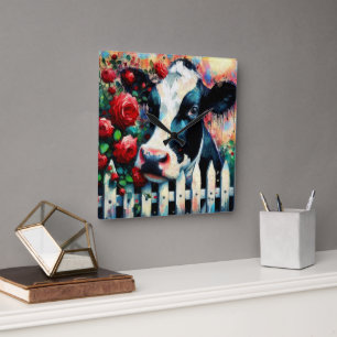 Holstein Cow Picket Fence Red Roses Black Red Square Wall Clock