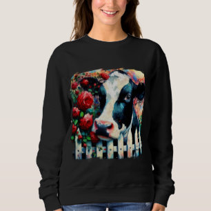 Holstein Cow Picket Fence Red Roses Black Red Sweatshirt