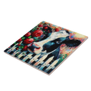 Holstein Cow Picket Fence Red Roses Black Red Tile