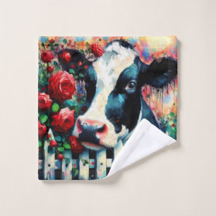 Holstein Cow Picket Fence Red Roses Black Red Wash Cloth