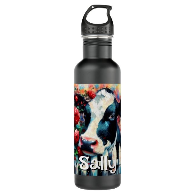 Holstein Cow Picket Fence Red Roses Personalised 710 Ml Water Bottle (Front)