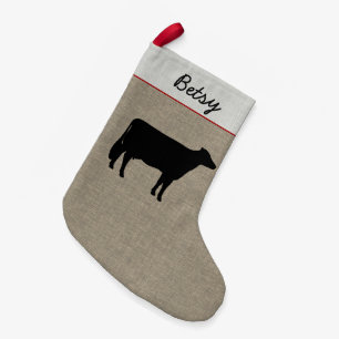 Holstein Cow Silhouette Faux Linen Personalised Small Christmas Stocking