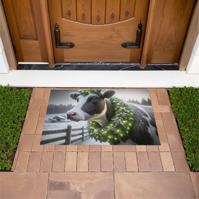 Holstein Cow Wearing a Christmas Wreath Doormat (Outdoor)