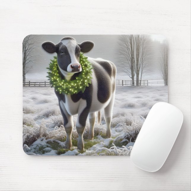 Holstein Cow Wearing Holiday Wreath Mouse Pad (With Mouse)