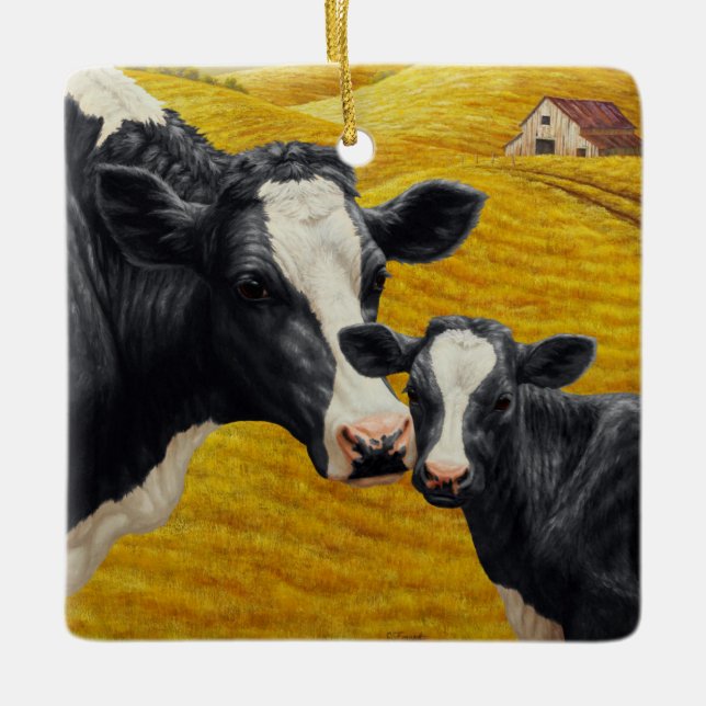 Holstein Cows and Old Wood Barn Ceramic Tree Decoration (Front)