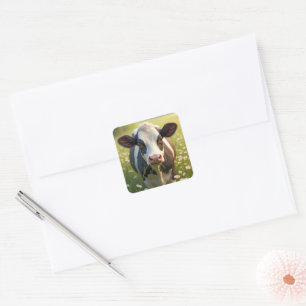 Holstein In Green Pasture With Daisies Square Sticker