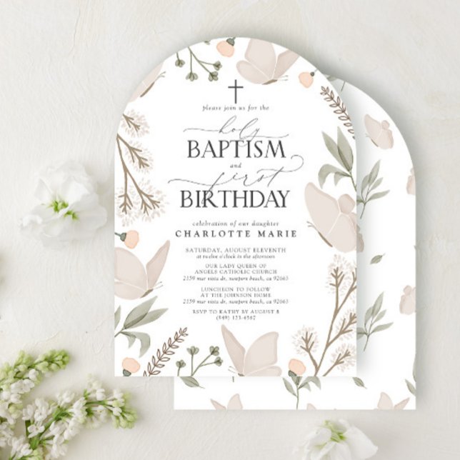 Holy Baptism & 1st Birthday Butterflies Floral Invitation (Creator Uploaded)