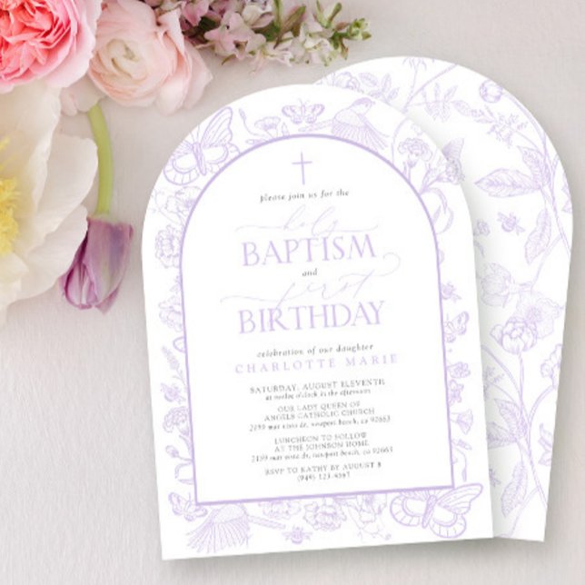 Holy Baptism & 1st Birthday Lilac Lavender Flowers Invitation (Creator Uploaded)
