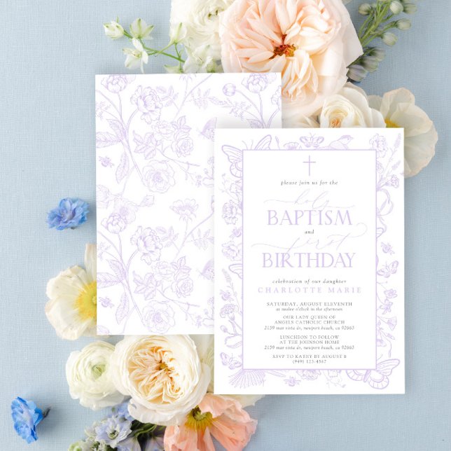 Holy Baptism & 1st Birthday Lilac Lavender Flowers Invitation (Easily personalize this beautiful baptism and first birthday invitation with your personal details)