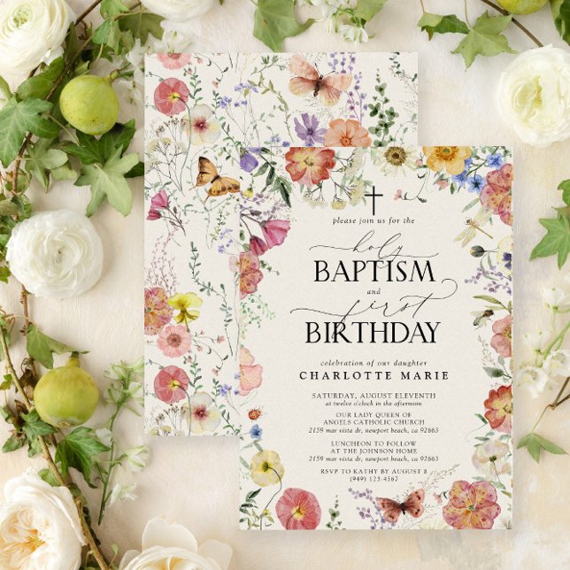 Holy Baptism & 1st Birthday Watercolor Floral Girl Invitation (Easily personalize this beautiful baptism and first birthday invitation with your personal details)
