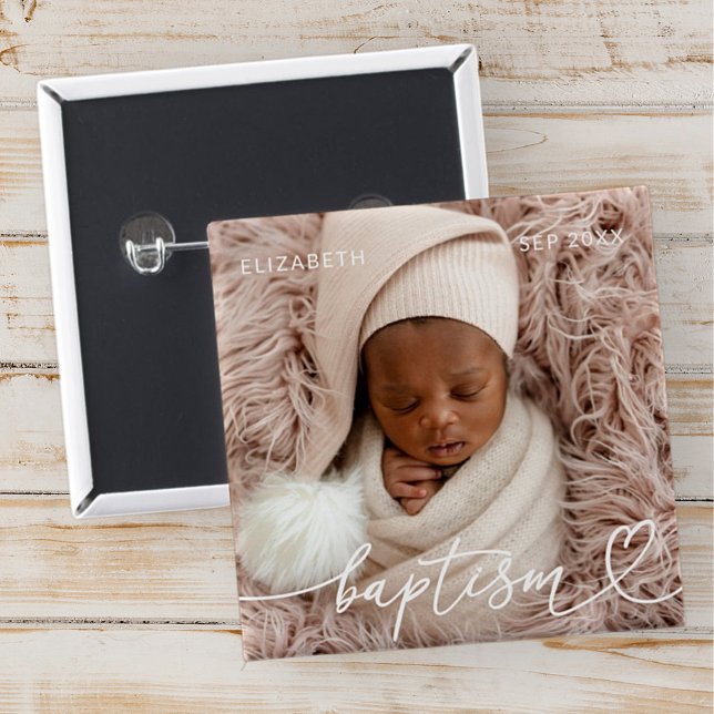 Holy Baptism Elegant Modern Chic Heart Baby Photo 15 Cm Square Badge (Creator Uploaded)