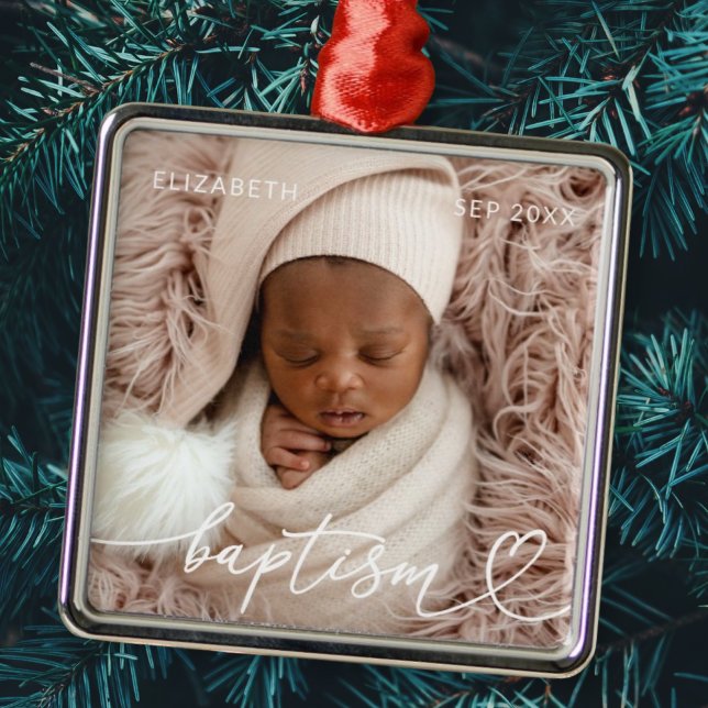 Holy Baptism Elegant Modern Chic Heart Baby Photo Metal Tree Decoration (Creator Uploaded)