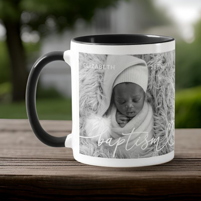 Holy Baptism Elegant Modern Chic Heart Baby Photo Mug (Creator Uploaded)