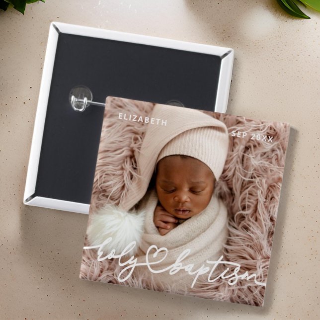Holy Baptism Modern Elegant Chic Heart Baby Photo 15 Cm Square Badge (Creator Uploaded)