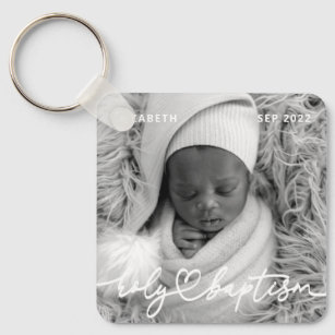 Holy Baptism Modern Elegant Chic Heart Baby Photo Key Ring