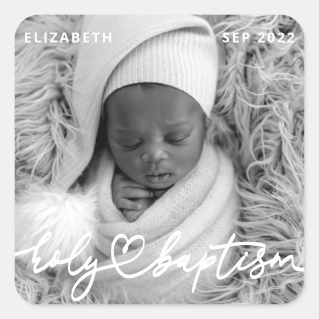 Holy Baptism Modern Elegant Chic Heart Baby Photo Square Sticker (Front)