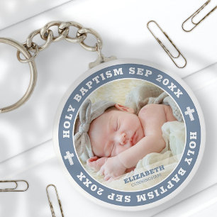 Holy Baptism Modern White Cross Custom Photo Key Ring